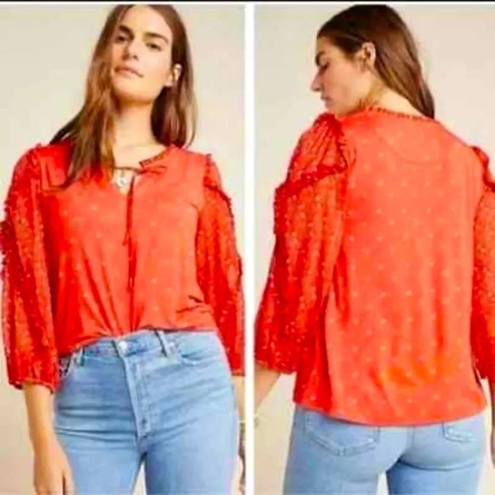 Maeve Jacquin Peasant Blouse Sparkle Ruffle Top Tangerine Size S